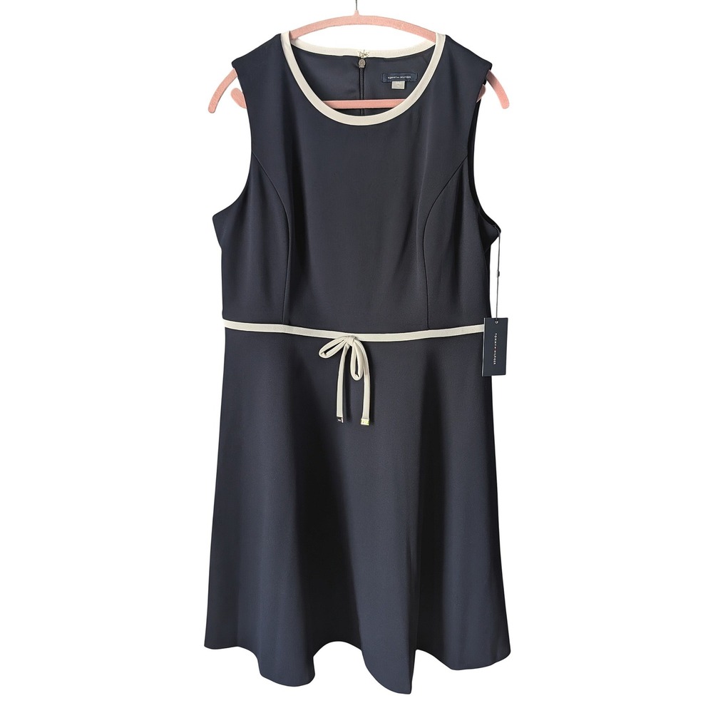 Tommy Hilfiger Fit and Flare Dress Womens 14 Navy Blue White Trim NWT A8FC1JEQ